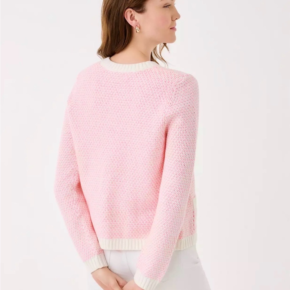 Lilly Pulitzer Cavan Cardigan Woven Knit Red Pink Gold Buttons Pockets Size M - Picture 2 of 11